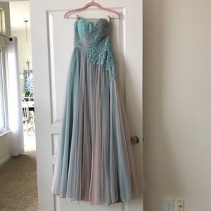 Sherri Hill Aqua/Blush Pink Embroidered Prom Dress